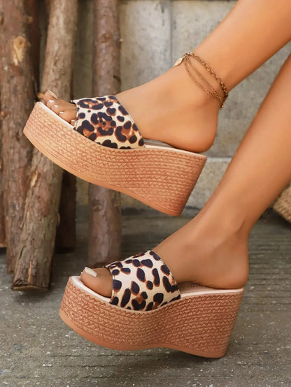 Women's Slippers Leopard Print Wedge High Heel Slingback - Jungle Line