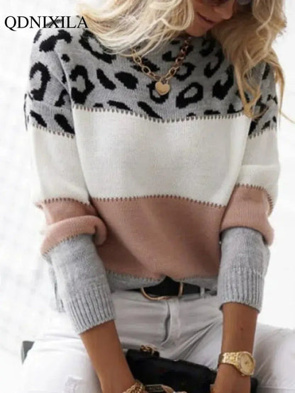 Leopard Print Color Block Knitted Women's Sweater Casual Crewneck Pullover Long Sleeve Fall Winter Fashion Streetwear Loose Fit - Jungle Line