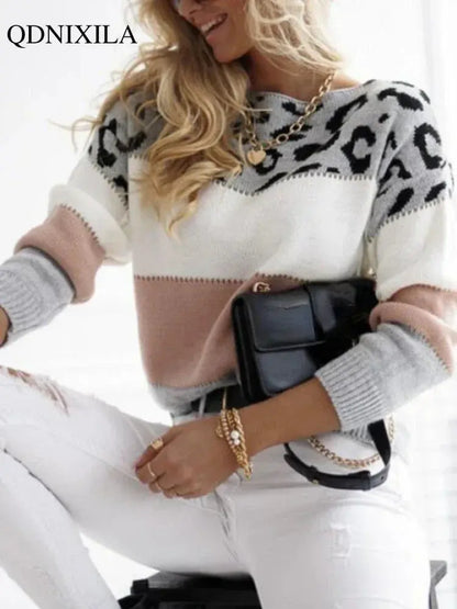 Leopard Print Color Block Knitted Women's Sweater Casual Crewneck Pullover Long Sleeve Fall Winter Fashion Streetwear Loose Fit - Jungle Line