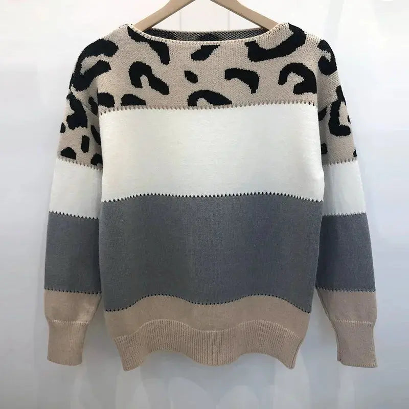 Leopard Print Color Block Knitted Women's Sweater Casual Crewneck Pullover Long Sleeve Fall Winter Fashion Streetwear Loose Fit - Jungle Line