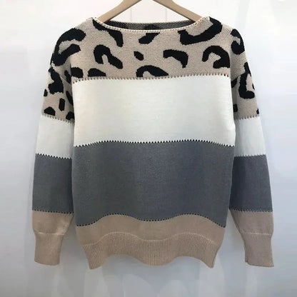 Leopard Print Color Block Knitted Women's Sweater Casual Crewneck Pullover Long Sleeve Fall Winter Fashion Streetwear Loose Fit - Jungle Line