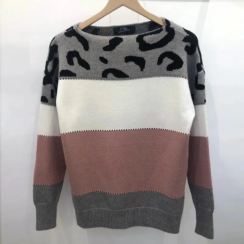 Leopard Print Color Block Knitted Women's Sweater Casual Crewneck Pullover Long Sleeve Fall Winter Fashion Streetwear Loose Fit - Jungle Line