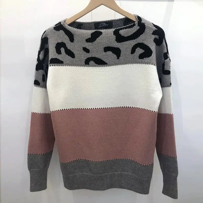 Leopard Print Color Block Knitted Women's Sweater Casual Crewneck Pullover Long Sleeve Fall Winter Fashion Streetwear Loose Fit - Jungle Line