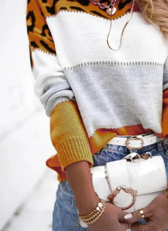 Leopard Print Color Block Knitted Women's Sweater Casual Crewneck Pullover Long Sleeve Fall Winter Fashion Streetwear Loose Fit - Jungle Line
