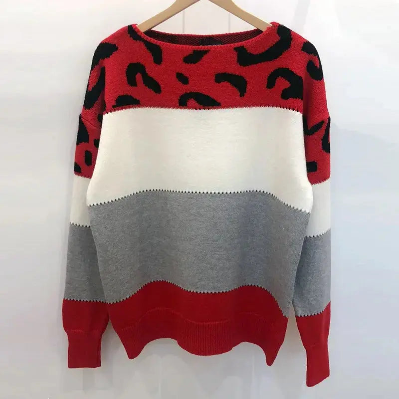 Leopard Print Color Block Knitted Women's Sweater Casual Crewneck Pullover Long Sleeve Fall Winter Fashion Streetwear Loose Fit - Jungle Line