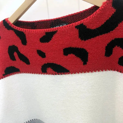 Leopard Print Color Block Knitted Women's Sweater Casual Crewneck Pullover Long Sleeve Fall Winter Fashion Streetwear Loose Fit - Jungle Line