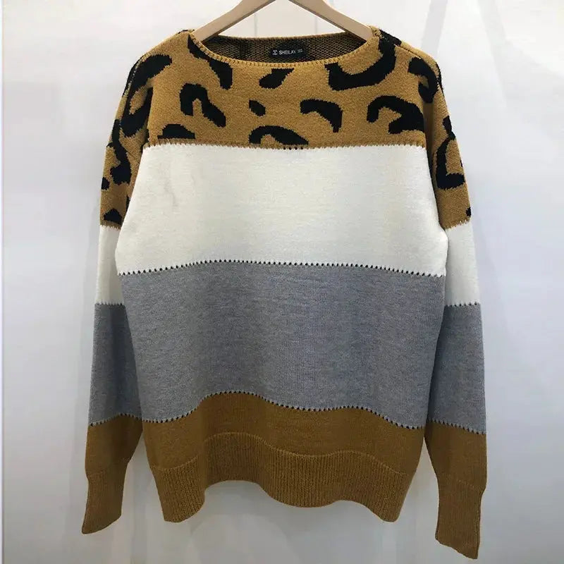 Leopard Print Color Block Knitted Women's Sweater Casual Crewneck Pullover Long Sleeve Fall Winter Fashion Streetwear Loose Fit - Jungle Line