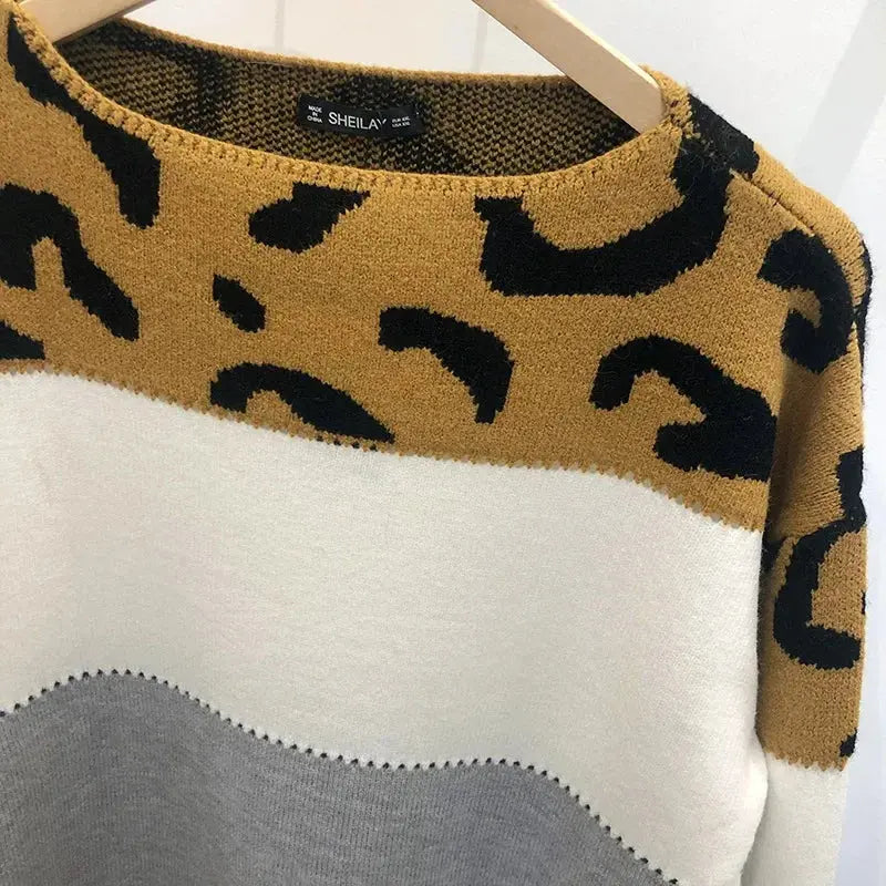 Leopard Print Color Block Knitted Women's Sweater Casual Crewneck Pullover Long Sleeve Fall Winter Fashion Streetwear Loose Fit - Jungle Line