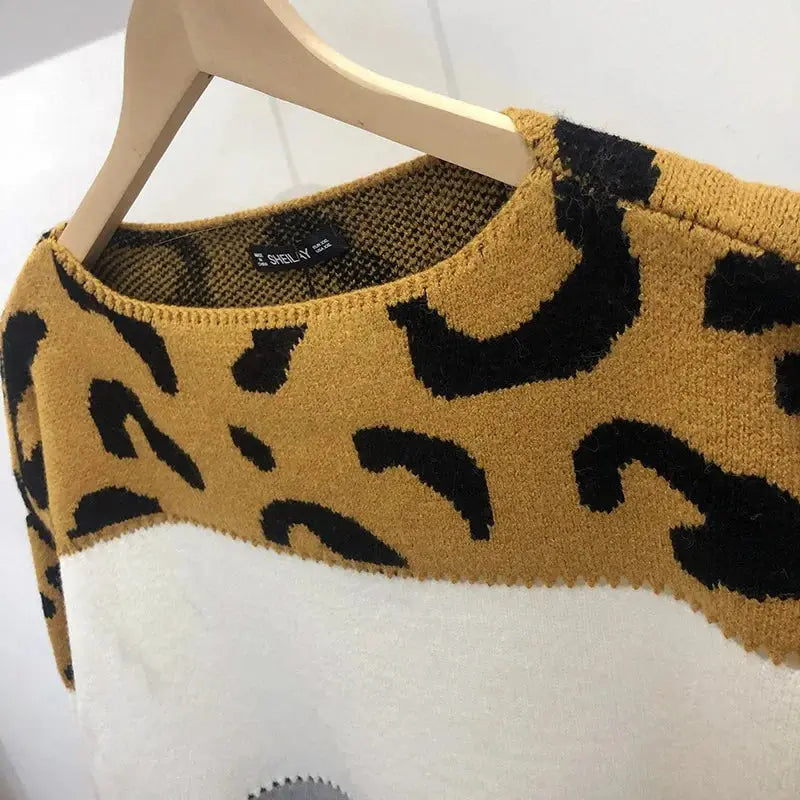 Leopard Print Color Block Knitted Women's Sweater Casual Crewneck Pullover Long Sleeve Fall Winter Fashion Streetwear Loose Fit - Jungle Line
