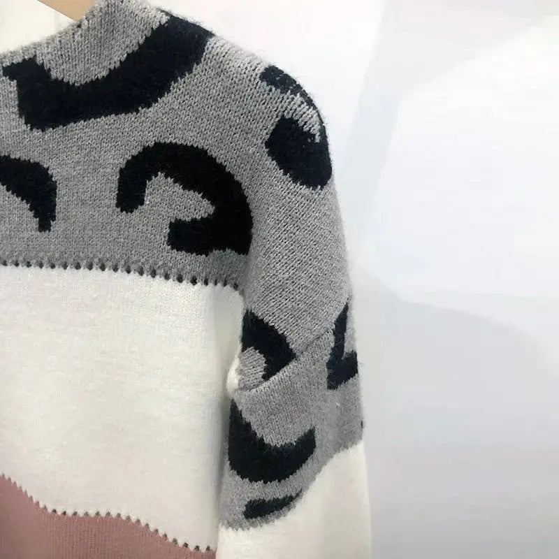 Leopard Print Color Block Knitted Women's Sweater Casual Crewneck Pullover Long Sleeve Fall Winter Fashion Streetwear Loose Fit - Jungle Line