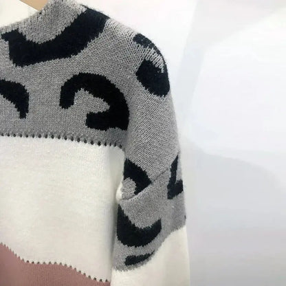 Leopard Print Color Block Knitted Women's Sweater Casual Crewneck Pullover Long Sleeve Fall Winter Fashion Streetwear Loose Fit - Jungle Line