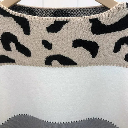 Leopard Print Color Block Knitted Women's Sweater Casual Crewneck Pullover Long Sleeve Fall Winter Fashion Streetwear Loose Fit - Jungle Line