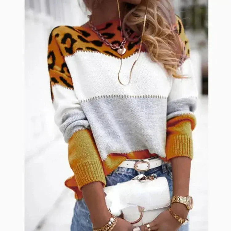 Leopard Print Color Block Knitted Women's Sweater Casual Crewneck Pullover Long Sleeve Fall Winter Fashion Streetwear Loose Fit - Jungle Line
