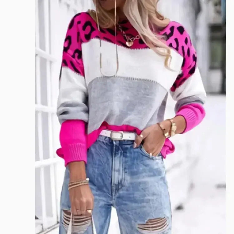 Leopard Print Color Block Knitted Women's Sweater Casual Crewneck Pullover Long Sleeve Fall Winter Fashion Streetwear Loose Fit - Jungle Line