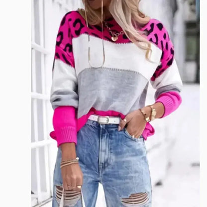 Leopard Print Color Block Knitted Women's Sweater Casual Crewneck Pullover Long Sleeve Fall Winter Fashion Streetwear Loose Fit - Jungle Line