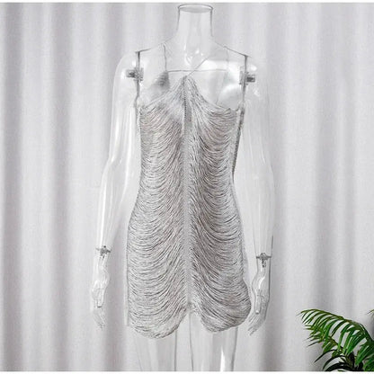 Sexy Hollow Out BacklessTassel Halter Dress Women Elegant Off Shoulder Sleeveless Slim Short Dresses Ladies Party Club Vestidos - Jungle Line