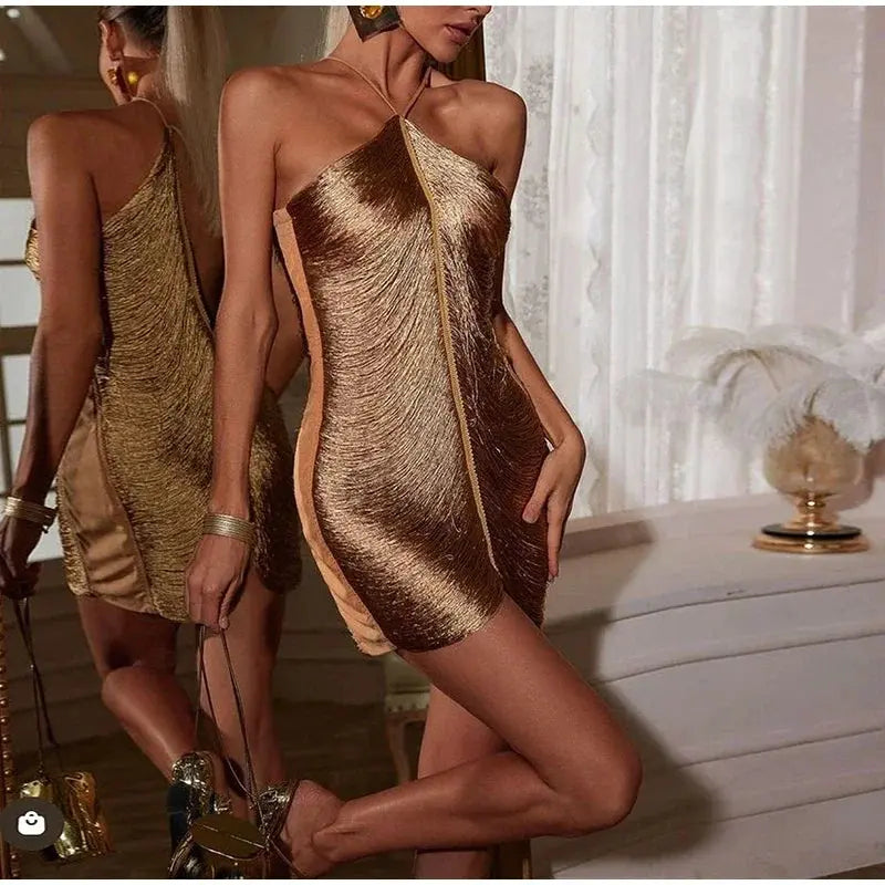 Robe courte sexy sans dos avec franges, encolure halter, sans manches, élégante, pour femmes, soirée ou club, Jungle Line.
