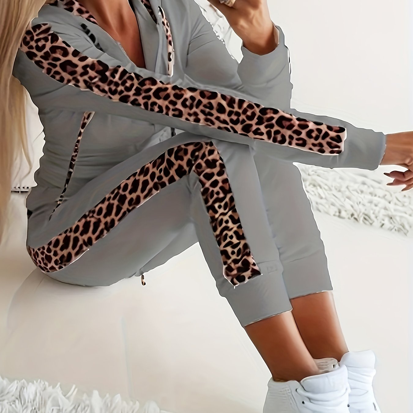 Cross-border New European and American Women's Leopard Print Hooded Sweatshirt Swear Set - Jungle Line