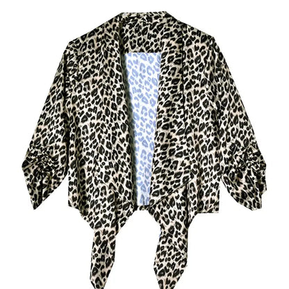 Plus size satin long cardigan by Jungle Line with leopard print, casual spring and summer fashion, lightweight and elegant.