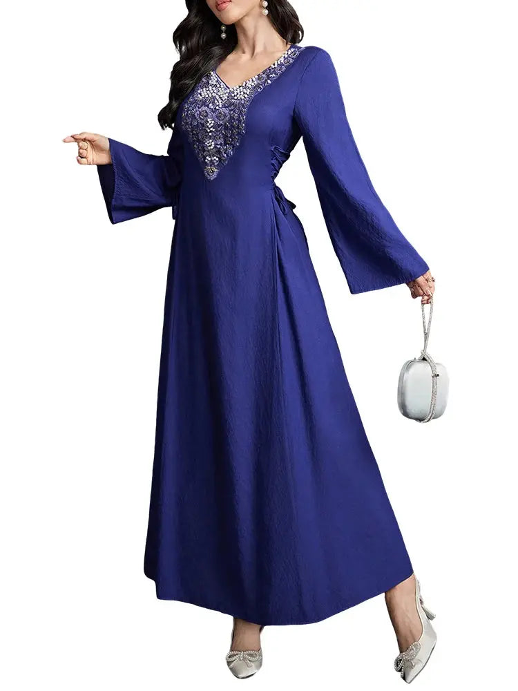 Rafiah Select Long Women's Dress V Neckline Long Sleeves Ties Long Sleeve Square Neck Arabian Dress Casual Sophisticated - Jungle Line