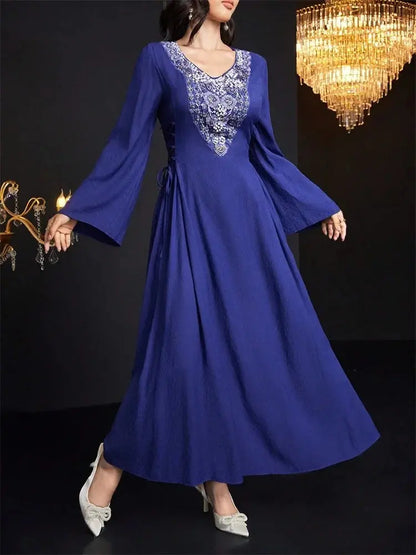 Rafiah Select Long Women's Dress V Neckline Long Sleeves Ties Long Sleeve Square Neck Arabian Dress Casual Sophisticated - Jungle Line