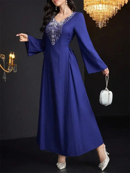 Rafiah Select Long Women's Dress V Neckline Long Sleeves Ties Long Sleeve Square Neck Arabian Dress Casual Sophisticated - Jungle Line