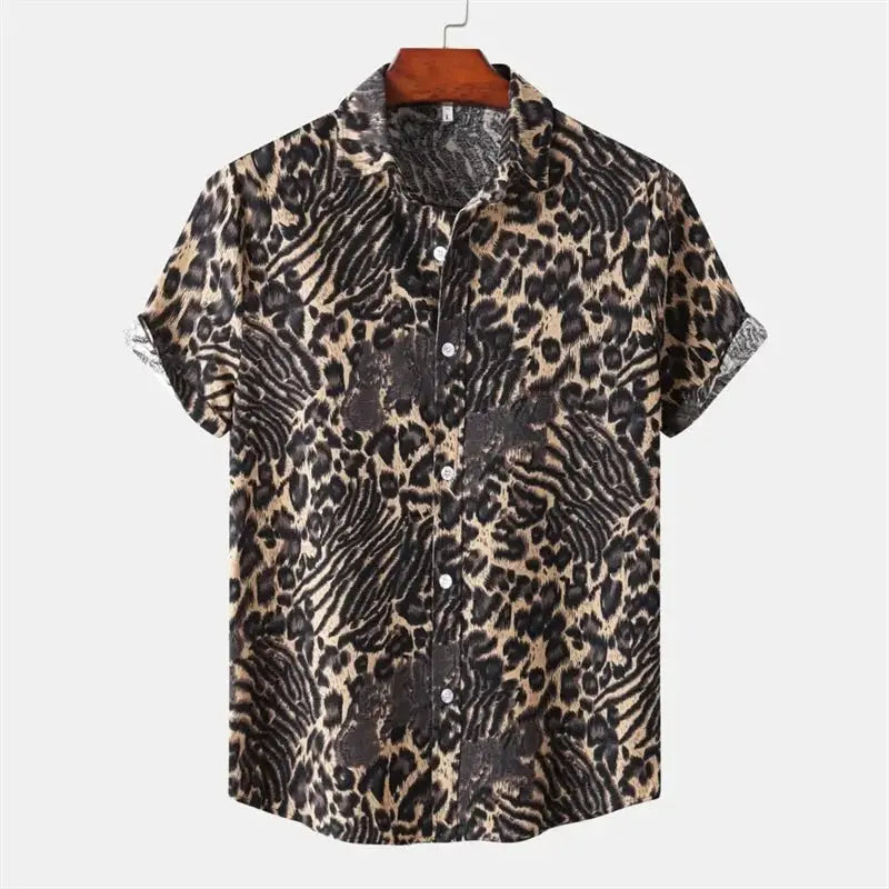 Chemise homme Jungle Line été avec motif léopard 3D, style décontracté, tissu léger et confortable.