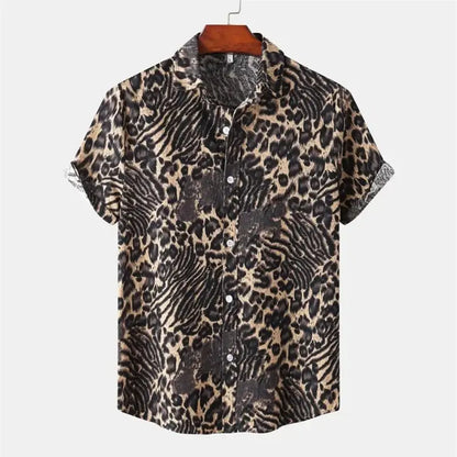 Chemise homme Jungle Line été avec motif léopard 3D, style décontracté, tissu léger et confortable.