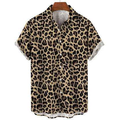 Chemise homme Jungle Line été avec imprimé léopard 3D, style décontracté, manches courtes, tissu léger.