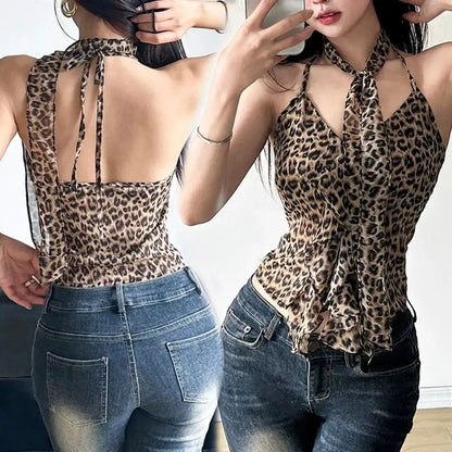 Leopard print halter camisole by Jungle Line featuring ruffled edges, lace-up front, sleeveless, slim fit, Y2K style crop top.