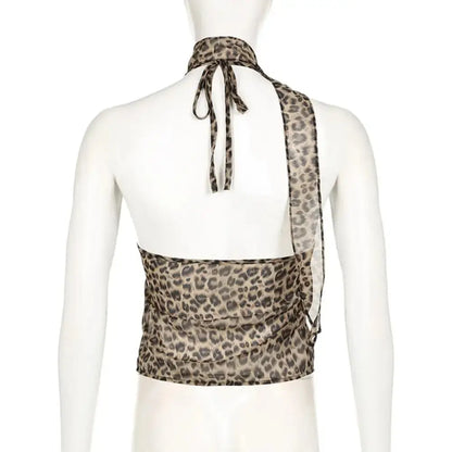 Jungle Line leopard halter camisole with ruffled edges, lace-up front, sleeveless, slim fit Y2K crop top for women.