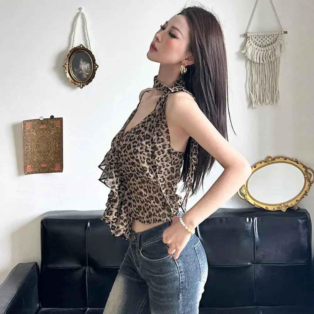 Leopard print halter camisole by Jungle Line with ruffled edges, lace-up front, sleeveless, slim fit, perfect for party or casual wear.