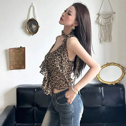 Leopard print halter camisole by Jungle Line with ruffled edges, lace-up front, sleeveless, slim fit, perfect for party or casual wear.