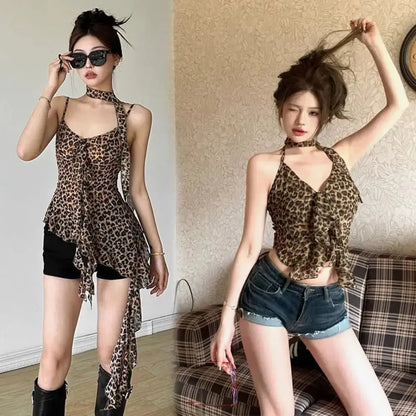 Leopard print ruffled edge halter camisole by Jungle Line, sleeveless, slim fit, lace-up Y2K crop top for women, party style.