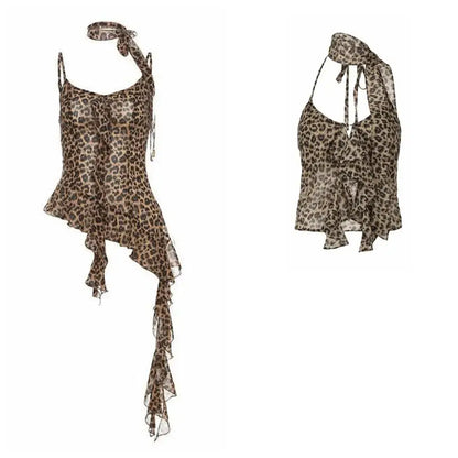 Leopard print Jungle Line halter camisole with ruffled edges, lace-up front, sleeveless Y2K crop top for women, slim fit, party style