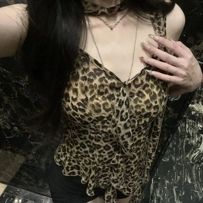 Leopard print halter camisole by Jungle Line with ruffled edges, lace-up detail, slim fit, sleeveless, perfect for party wear.