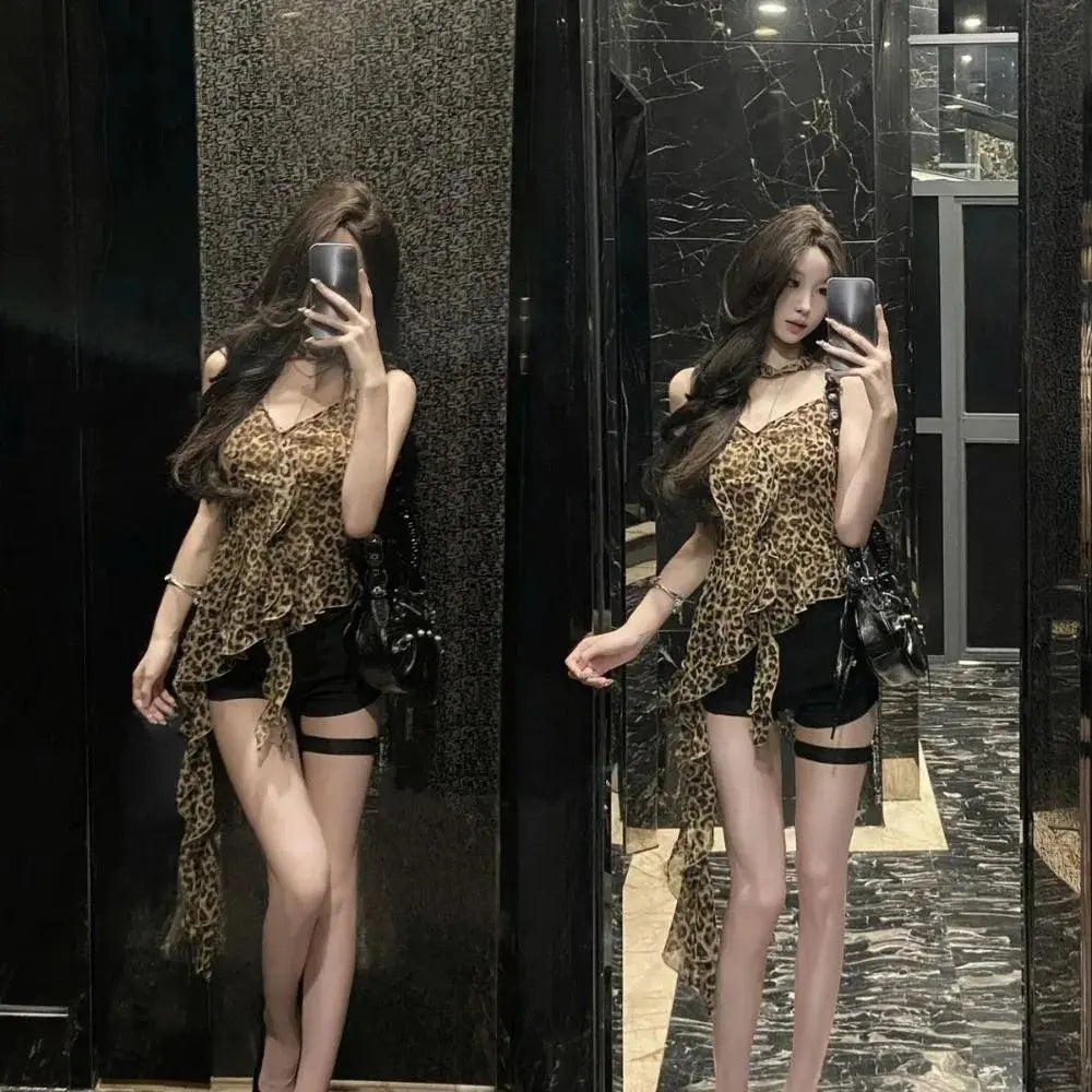Leopard print ruffled edge halter camisole by Jungle Line, sleeveless Y2K crop top with lace-up detail and slim fit, party style.