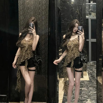 Leopard print ruffled edge halter camisole by Jungle Line, sleeveless Y2K crop top with lace-up detail and slim fit, party style.