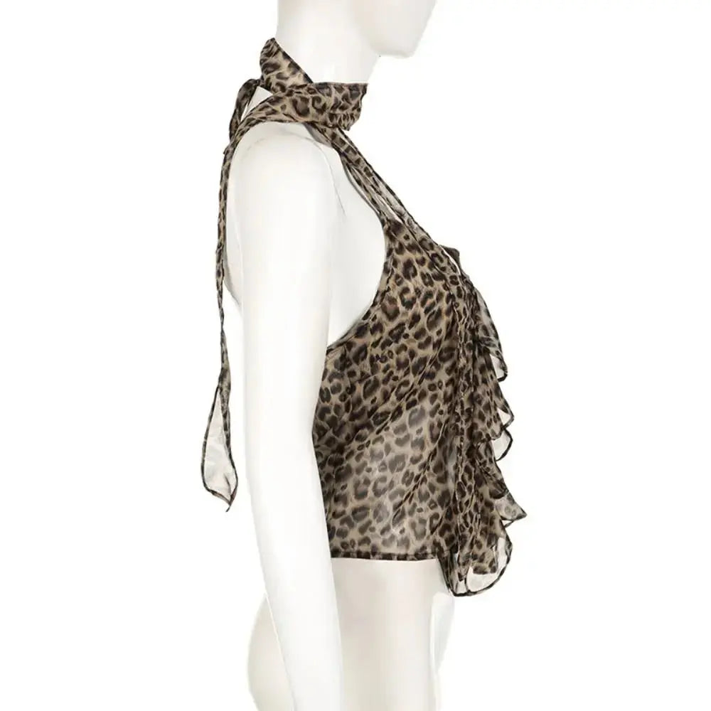 Jungle Line leopard halter camisole with ruffled edges, lace-up front, slim fit, sleeveless Y2K crop top for women.