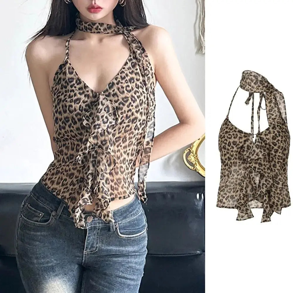 Jungle Line leopard print ruffled edge halter camisole with lace-up detail, sleeveless Y2K crop top for women, slim fit, party style