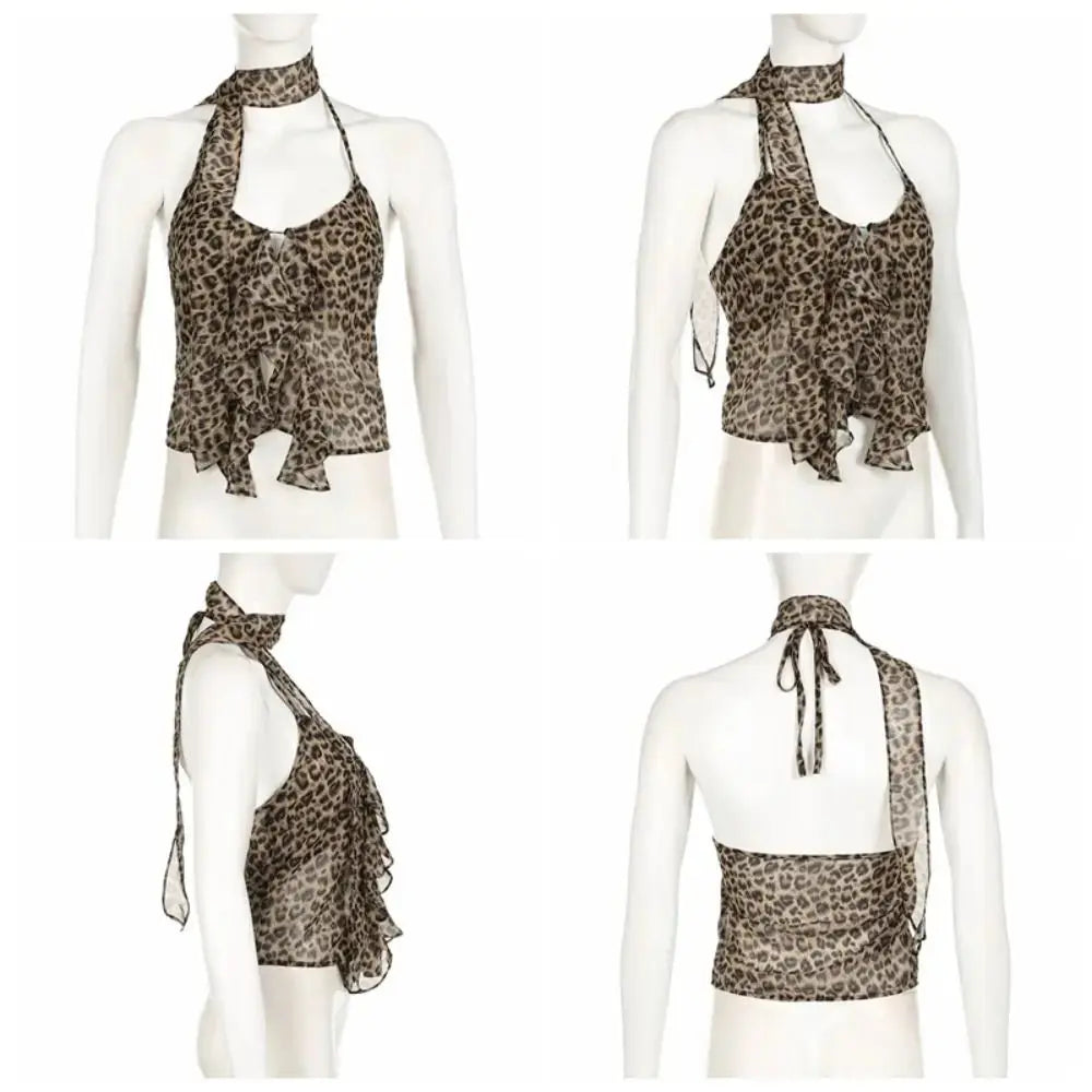 Leopard print halter camisole by Jungle Line with ruffled edges, lace-up front, slim fit, sleeveless, perfect for party or casual wear.