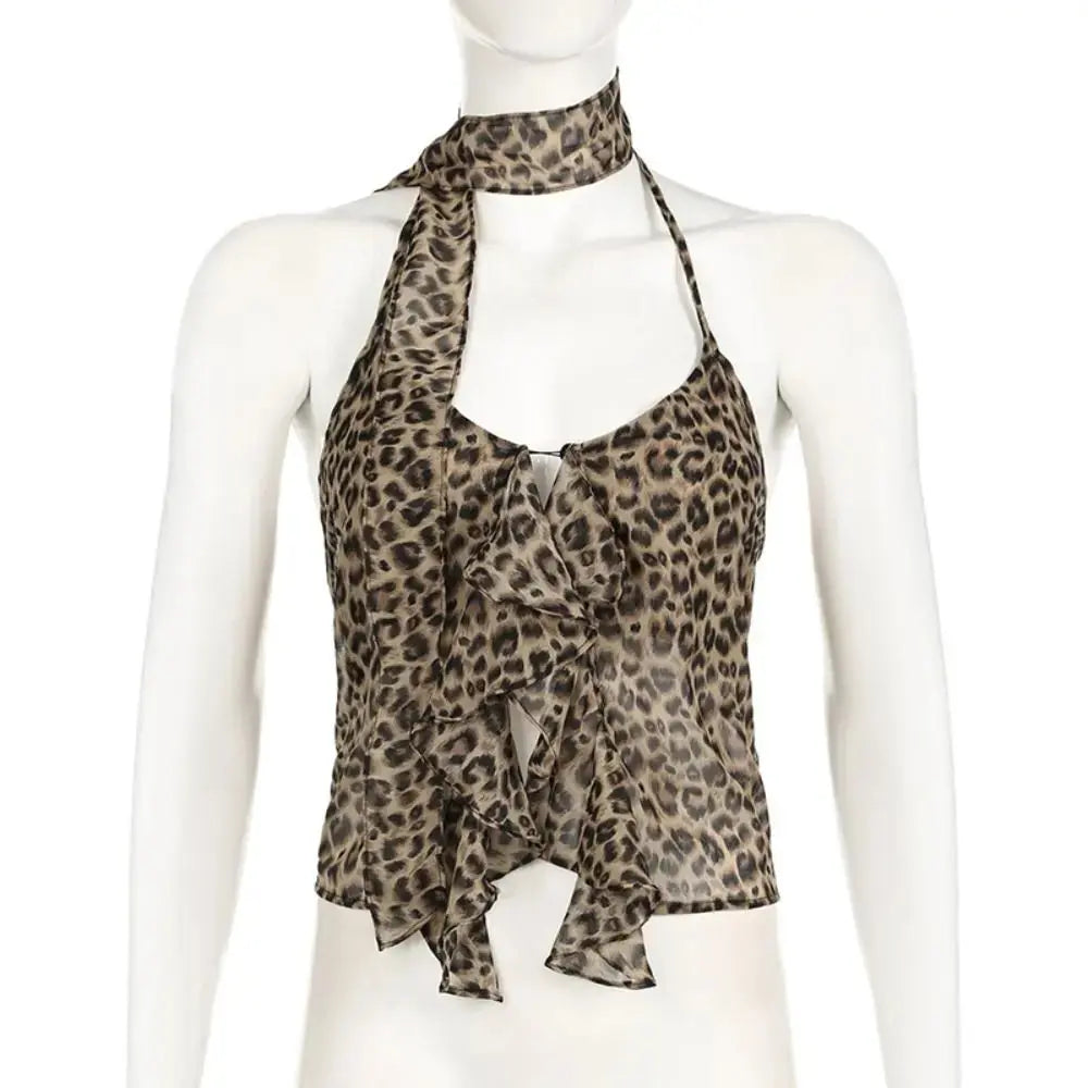 Jungle Line leopard halter camisole with ruffled edges, lace-up front, slim fit, sleeveless Y2K crop top for women.
