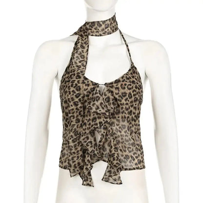 Jungle Line leopard halter camisole with ruffled edges, lace-up front, slim fit, sleeveless Y2K crop top for women.