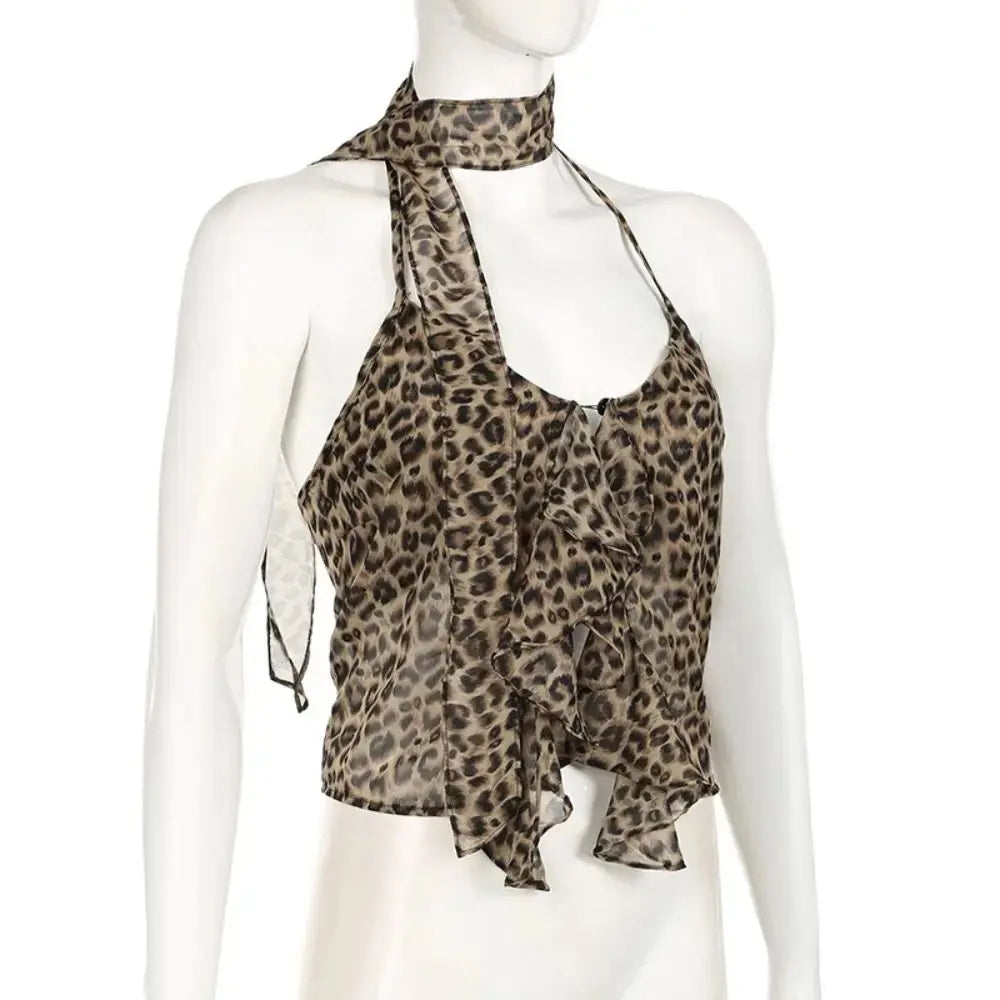 Leopard print ruffled edge halter camisole by Jungle Line, sleeveless, slim fit Y2K crop top with lace-up detail for women.