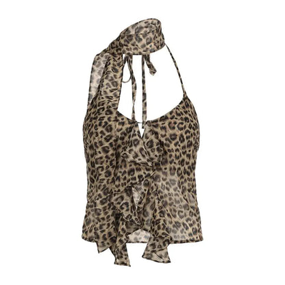 Jungle Line leopard halter camisole with ruffled edges, lace-up front, slim fit, sleeveless Y2K crop top for women.