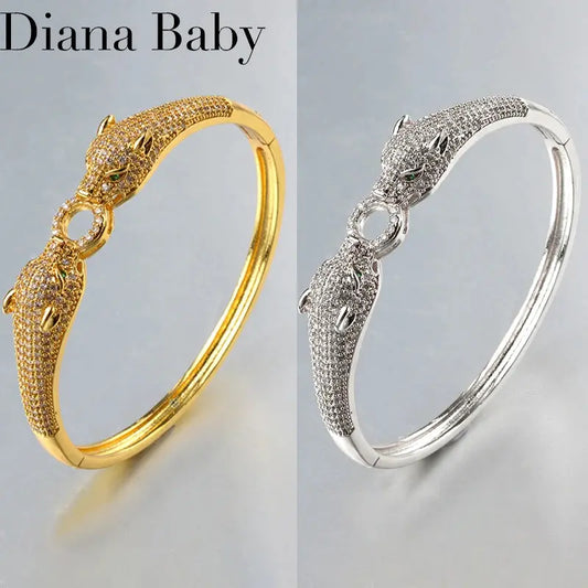 Bracelet pour femmes Jungle Line en or et argent avec motif tête de léopard, bracelet coloré et tendance en métal.