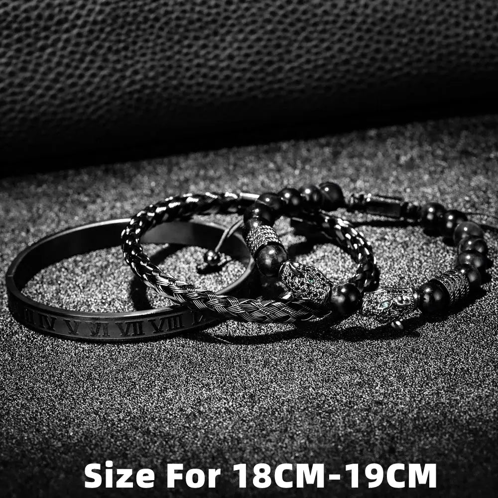 3PCS Mens Premium Black Agate Beaded Bracelet Set Jungle Line