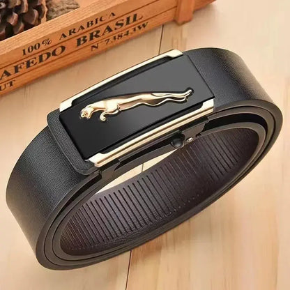 Men's Trend Automatic Buckle Belt by Jungle Line featuring a flying leopard pattern in silvery design.