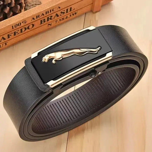 Men's Trend Automatic Buckle Belt by Jungle Line featuring a flying leopard pattern in silvery design.