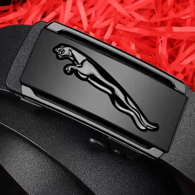 Men's automatic buckle belt by Jungle Line featuring a flying leopard pattern in silver, 120cm length.